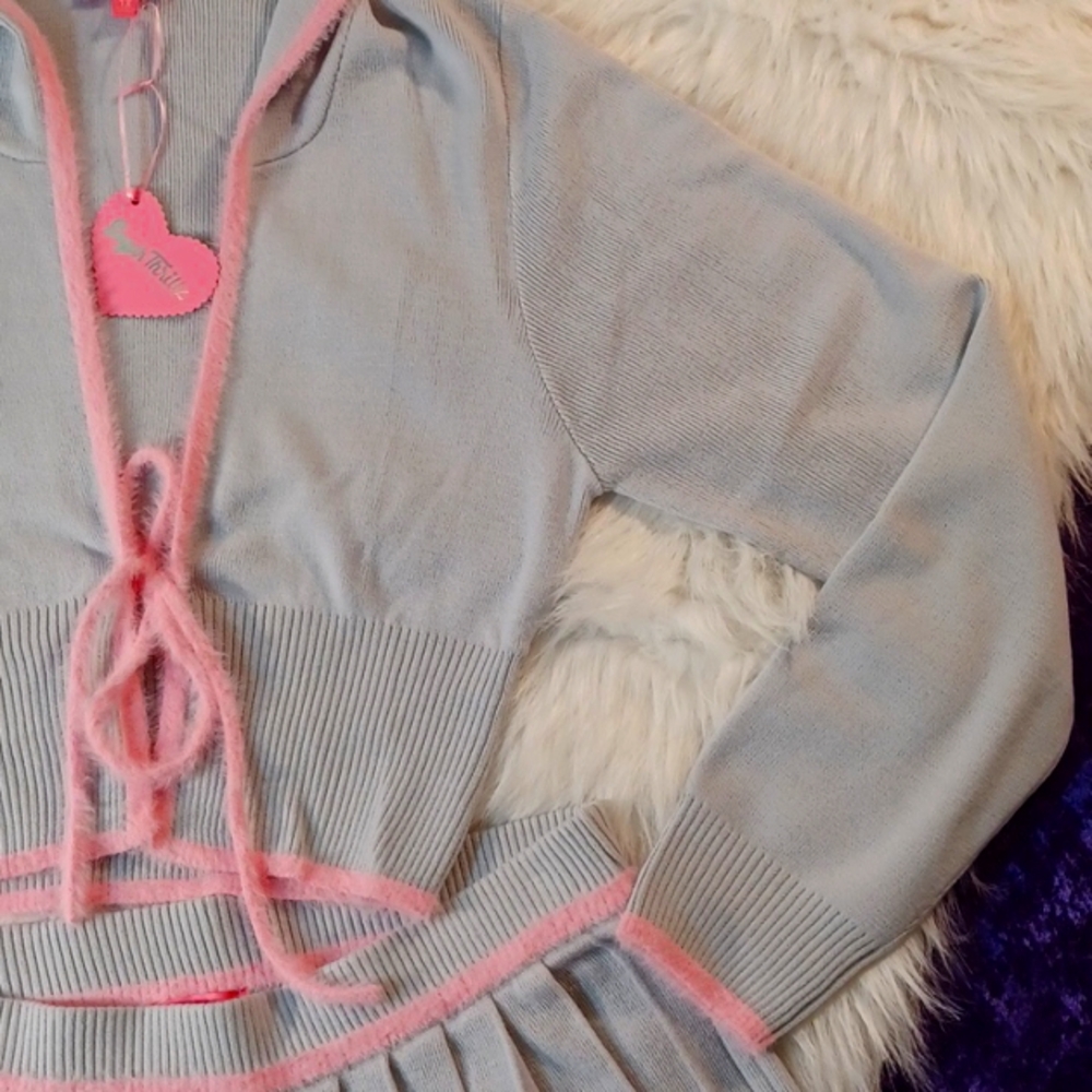 DOLLSKILL SUGAR THRILLZ 1X CRYSTAL QUIET SKIRT SET GRAY/PINK TRIM SOFT KNIT - Picture 7 of 17